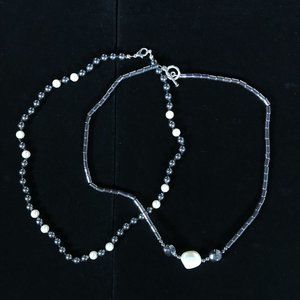 2 Necklace Lot Set Hematite Beads Faux Pearl Gray Beaded Knotted Toggle Healing
